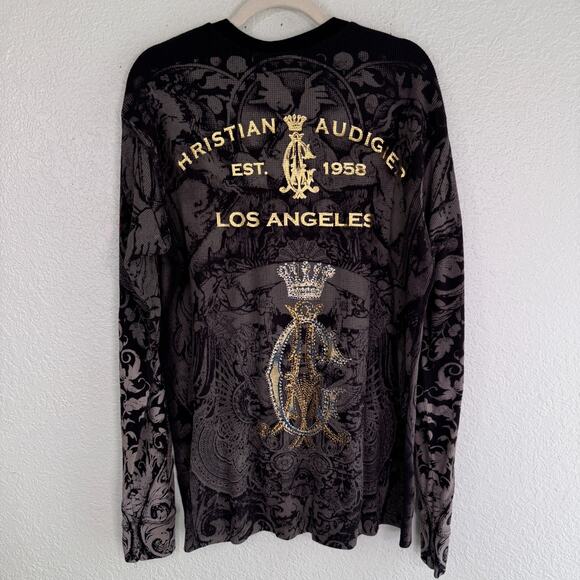 Christian Audigier Shirt Mens XL Thermal Skull Rose Rhinestone Y2K Tattoo NEW - Picture 2 of 16